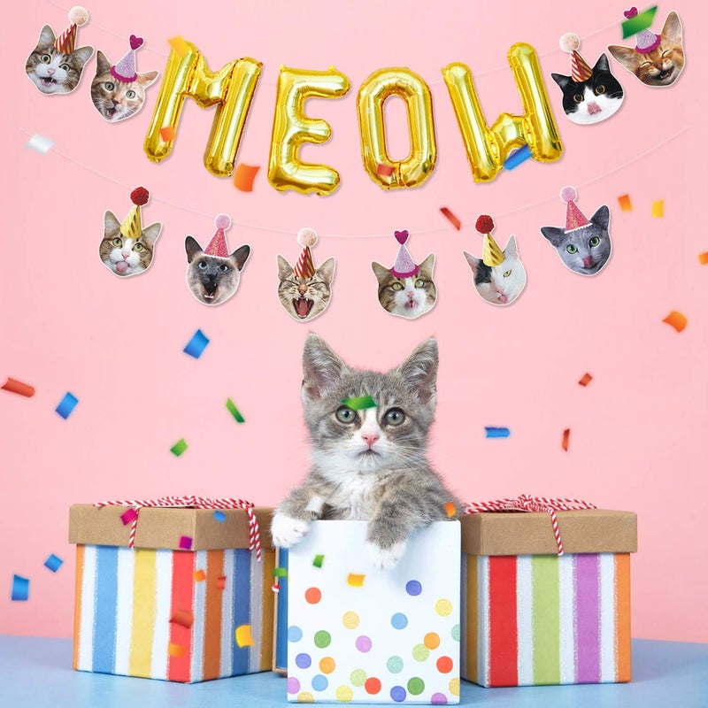 Bessmoso Funny Cat Party Garland Meow Letter Balloons Cats Faces with Party Hats Banner Kitten Bunting Photo Props for Cat Theme Birthday Party Pet Adoption Party Supplies - Image 5